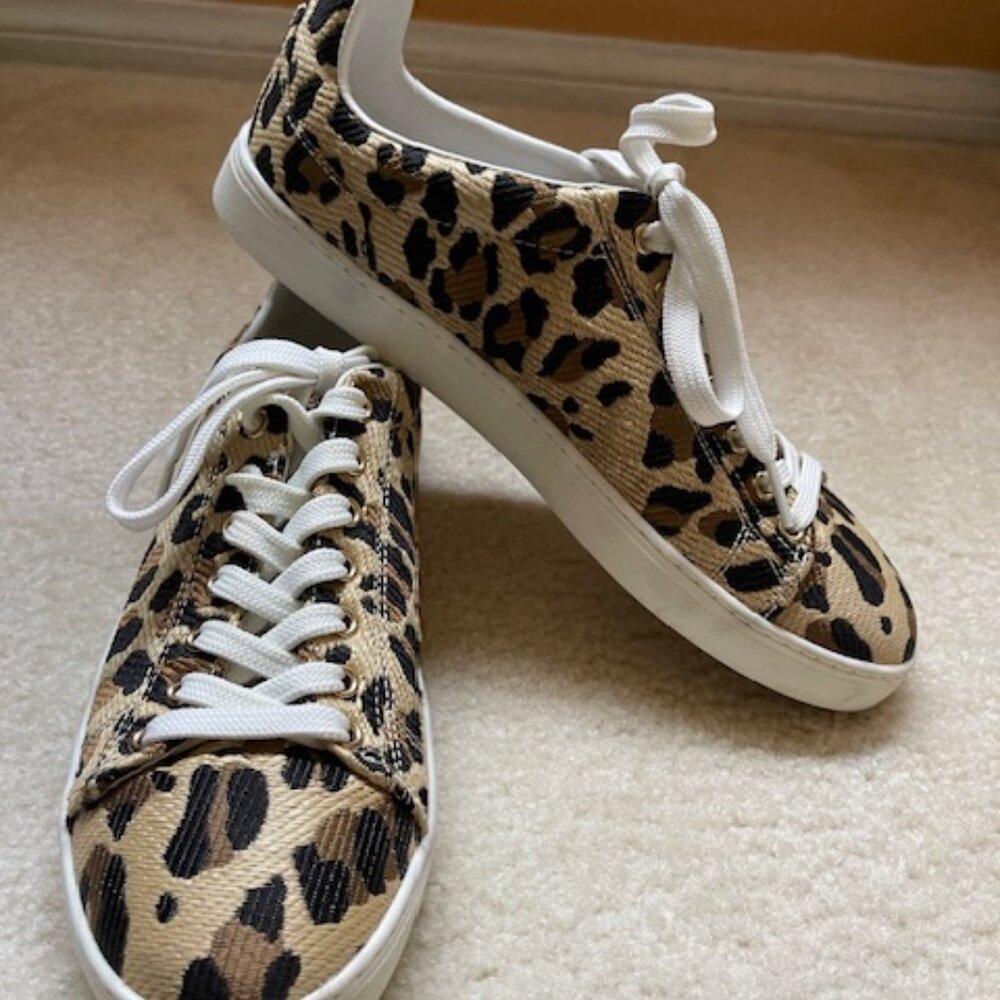 Stuart Weitzman Livvy Leopard-Print Raffia Sneakers 8.5